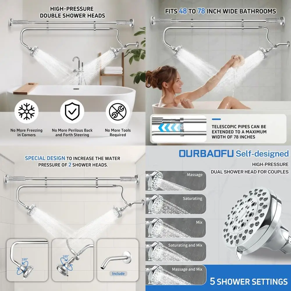 

Couples' Dual High-Pressure Shower System with Adjustable Silver Showerheads