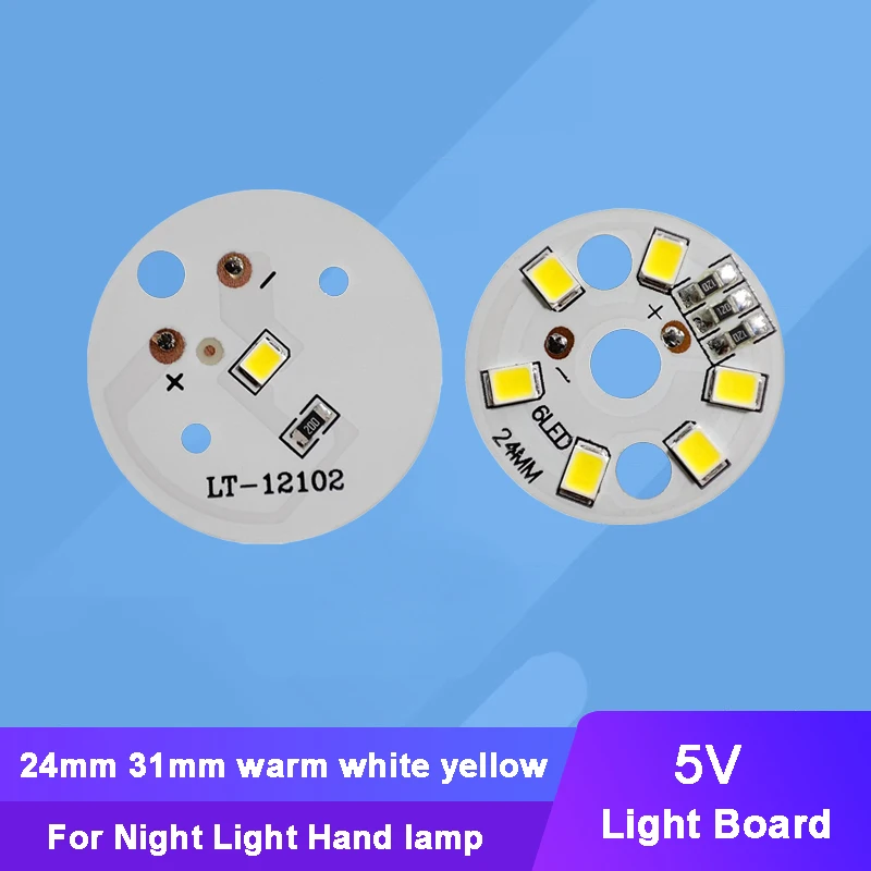 Bombilla de placa de luz LED, fuente de luz redonda, blanco cálido, amarillo, 5V, 24mm, 31mm