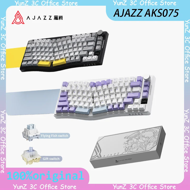 Ajazz Aks075 Wireless Mechanical Keyboard Bluetooth Three Mode customiz Ergonomic Keyboard Gasket Structure Via Color Screen Rgb