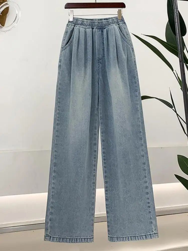 

Винтажные новые джинсы, женские осенне-зимние новые синие прямые джинсовые брюки с высокой талией, свободные широкие брюки больших размеров с эластичной резинкой на талии