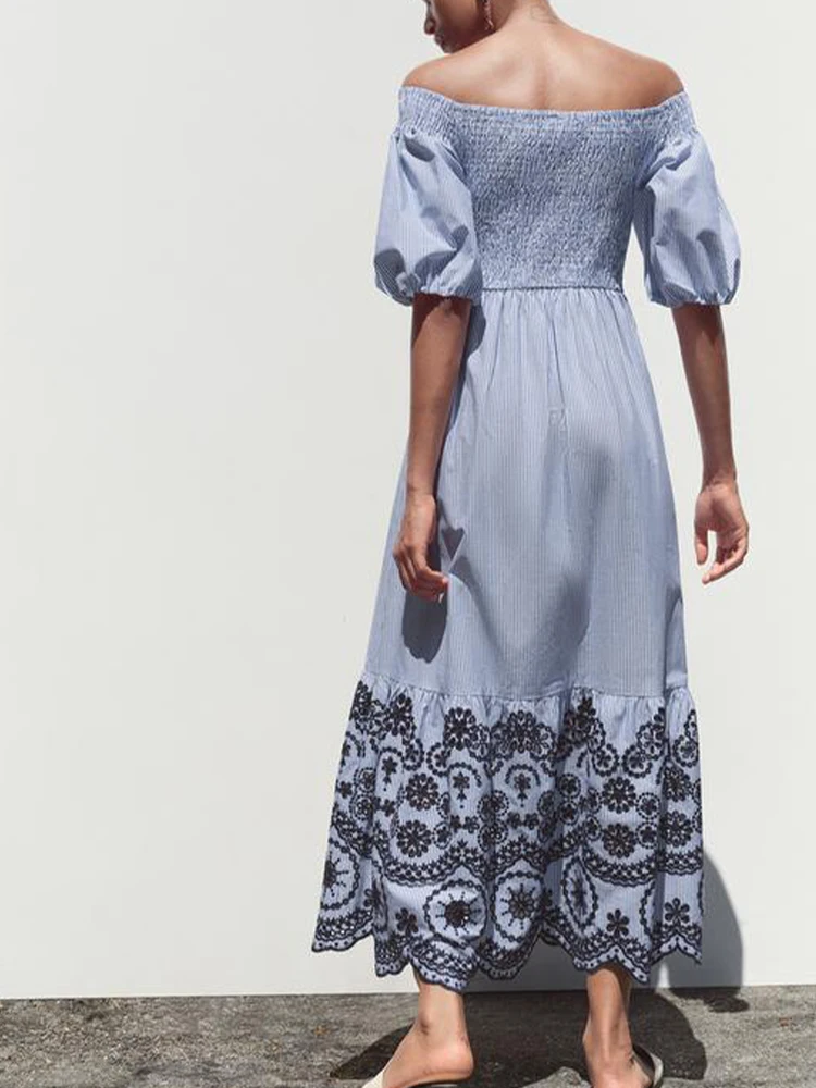 ผลิตภัณฑ์ใหม่ฤดูร้อนสไตล์ยุโรปและอเมริกาแฟชั่นสตรีเย็บปักถักร้อยลายปิดไหล่คอตรงชุดมิดิ