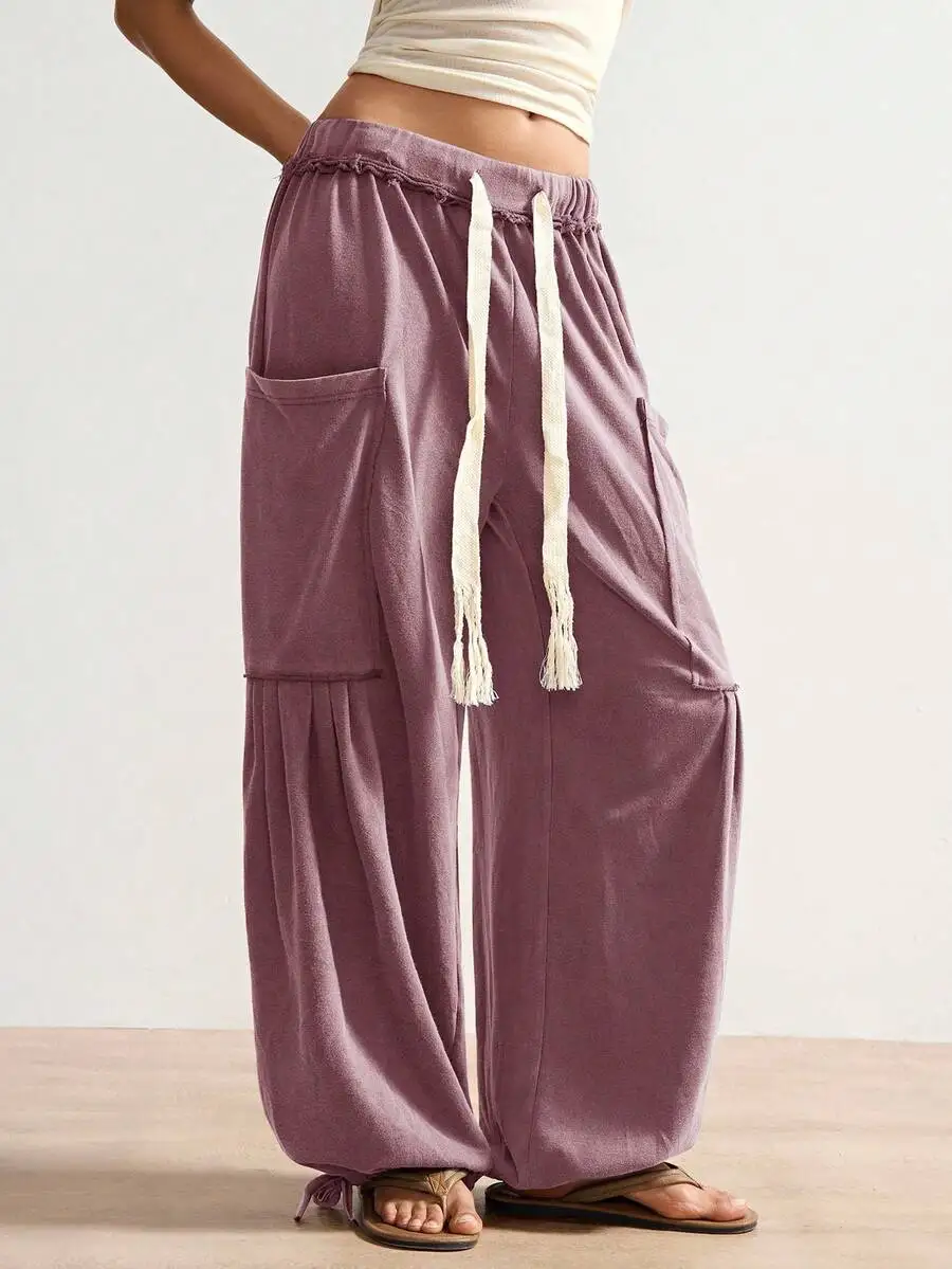 

Bohemian Solid Color Knit Loose Wide Leg Pants Casual Holiday