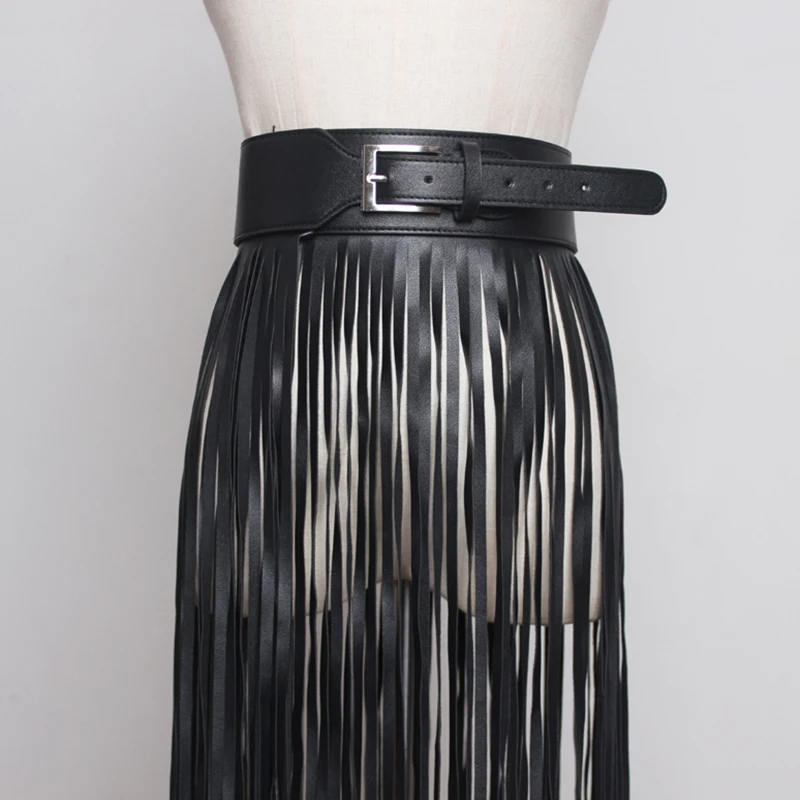 [EAM] 2024 New Spring Summer Pu Leather Long Tassel Brief Personality Girdle Decoration Belt Women Fashion Tide All-match JX375