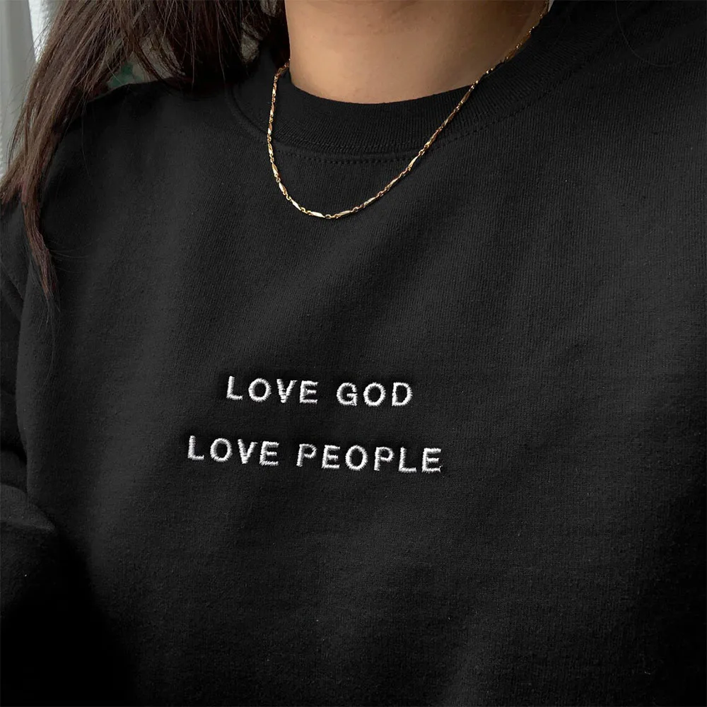 Love God Love People Letters Embroidered Slogan Unisex Men Women Loose Sweatshirts Long Sleeve Cotton Thick Warm Pullovers