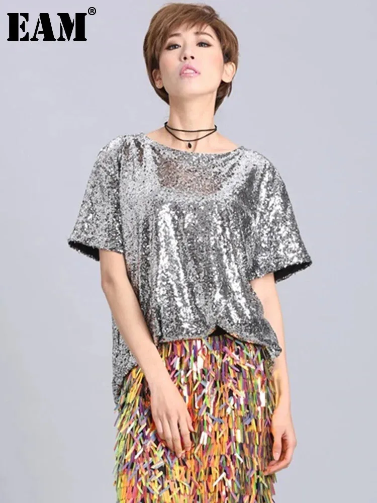 [EAM] Women Silver Color Sequin Big Size T-shirt New Round Neck Short Sleeve Fashion Loose Fit Tide Spring Summer 2024 1DF5329