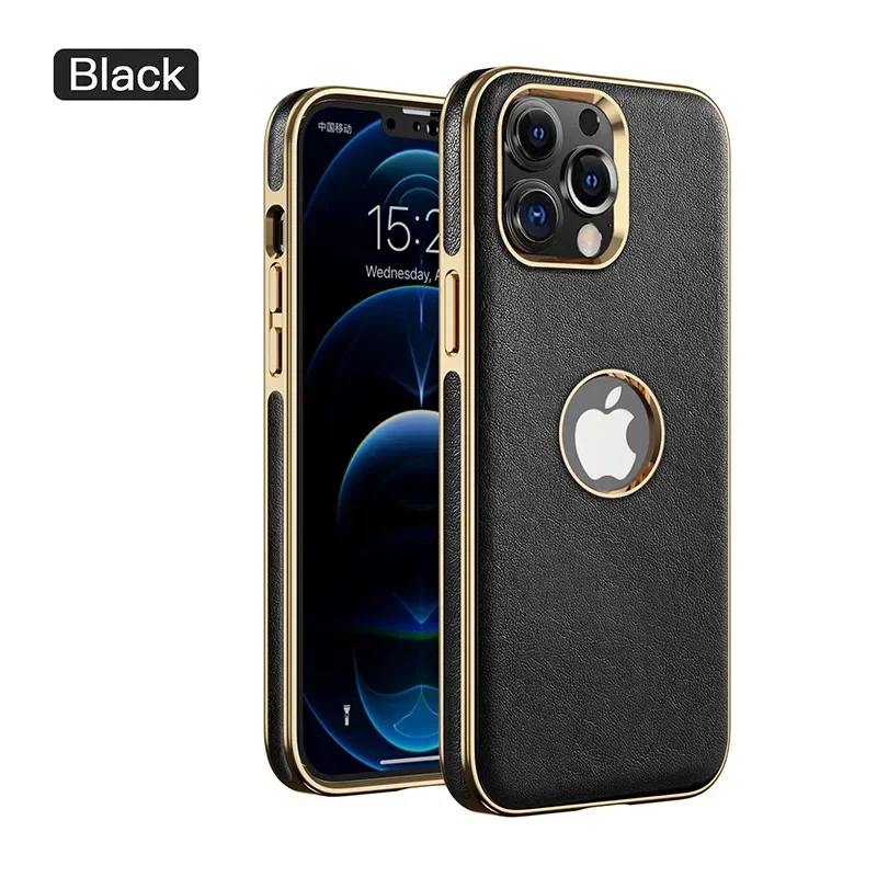 

Leather Case For iphone 13Promax Straight Gold Edge Hollow Phone Shell All-Inclusive Drop-Resistant Case 13Pro Protective Cover