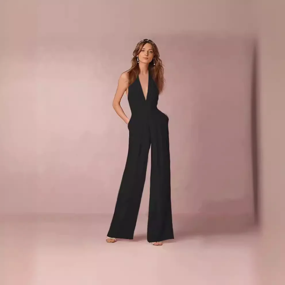 Kombinezon na wiosnę 2025, swobodny, seksowny, bez rękawów, z dekoltem typu halter.