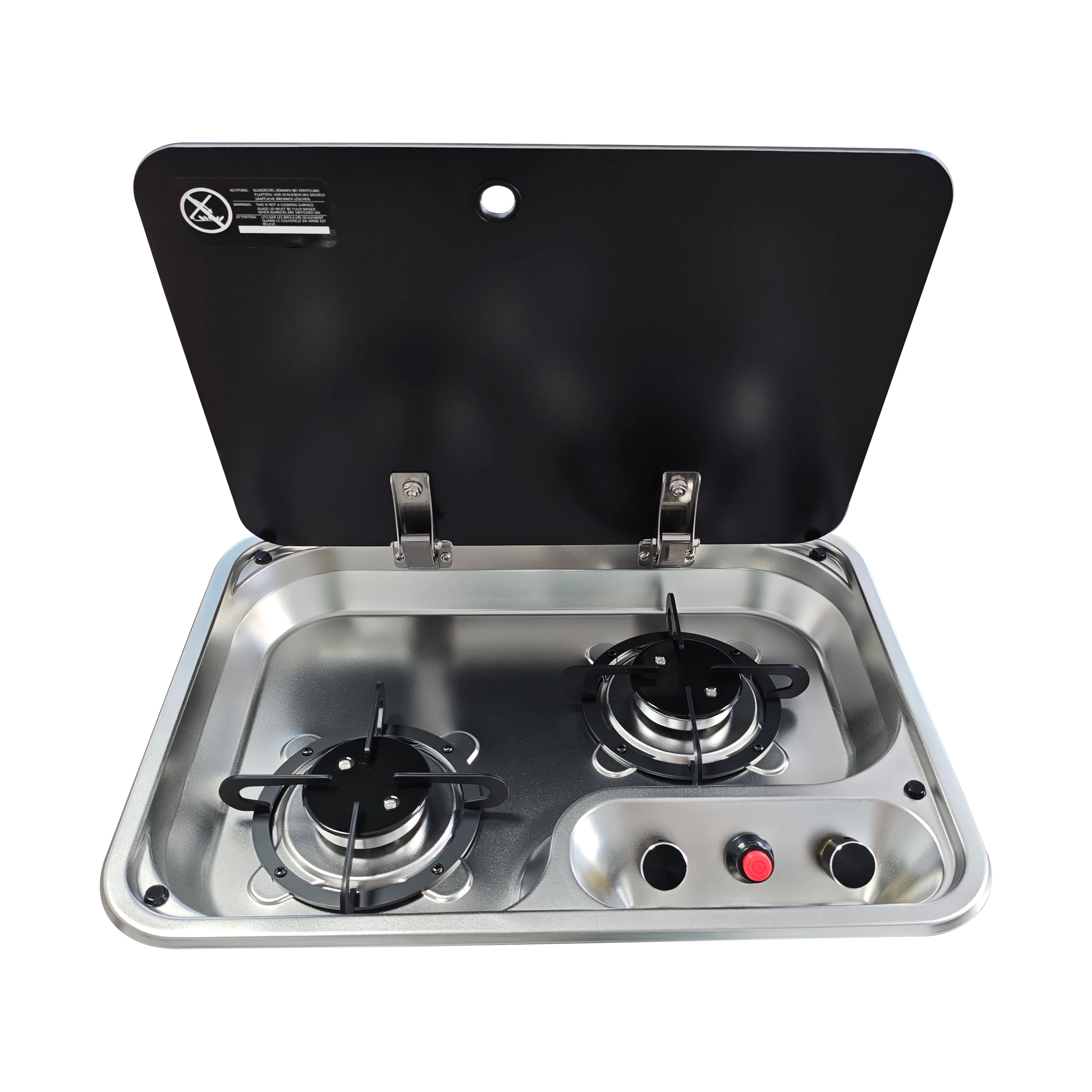 

Minde Stainless Steel RV Cooktop Gas Stove with Built-in 2 Burner and Glass Cover Camper Motorhome Cooktop for RV