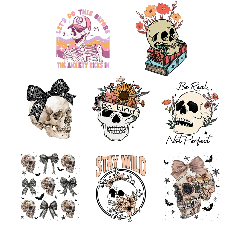 DTF Heat Iron On Skull DIY Sticker Flower Series Thermals Cartoon Fashionable Women Transfer Bow Patches DIY