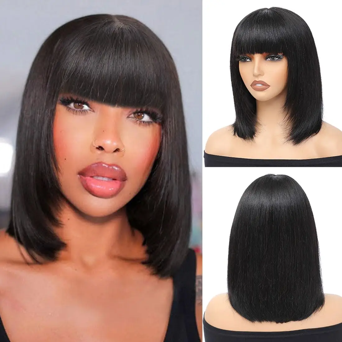 Short Straight Bob Wig with Bangs Human Hair Glueless Middle Part Upgraded Natural Black Bob Wig Human Hair With Bangs for Women