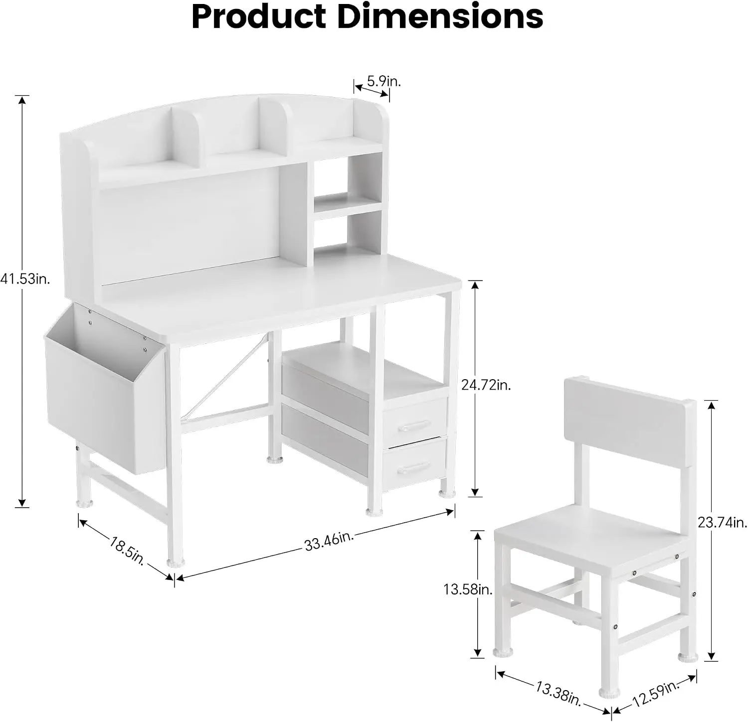 Kids Desk and Chair Set with Hutch, Study Desk with Storage, White
