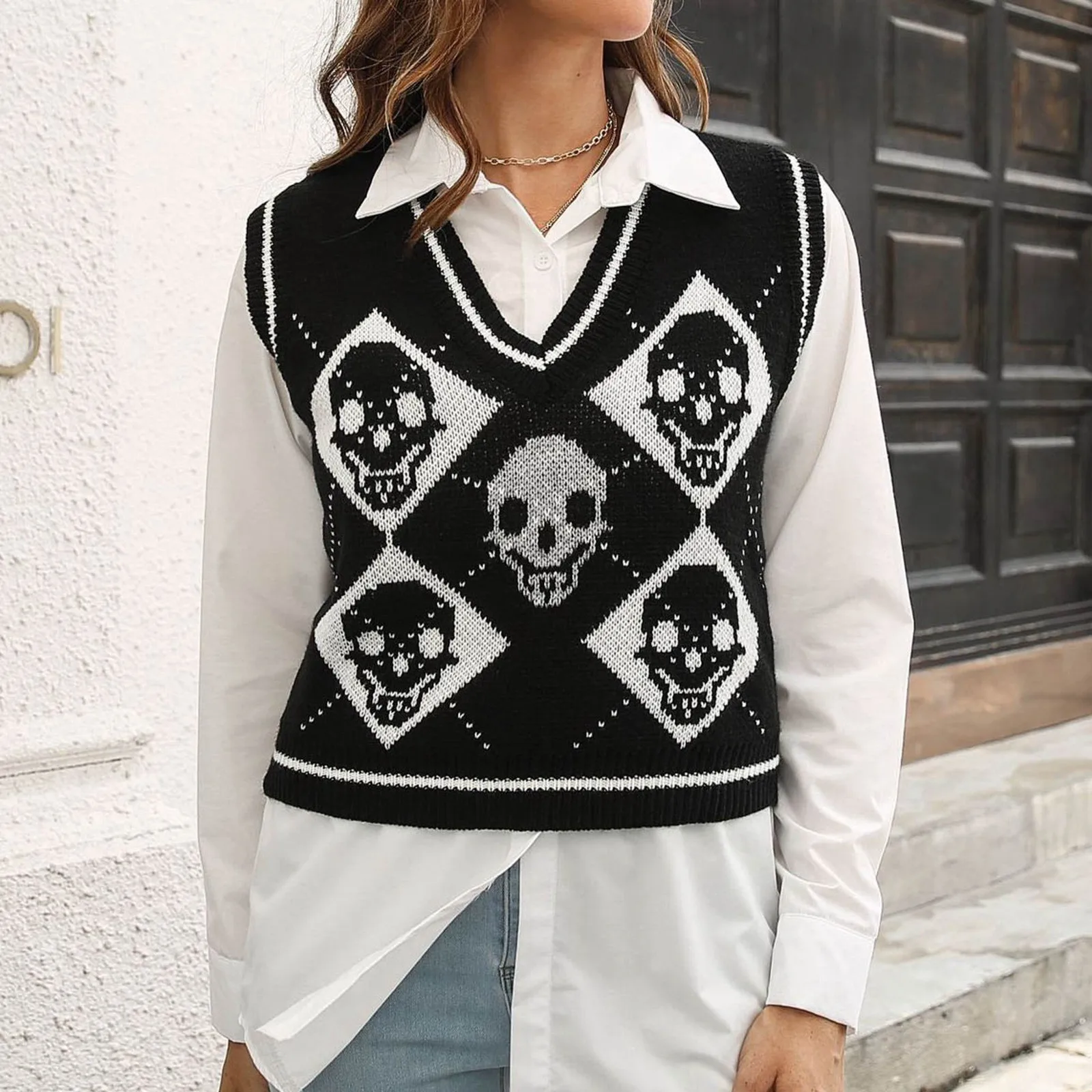 Y2K Skull Argyle Print Pattern Knitwear Preppy Style Sleeveless V-neck Pullover Black/Pink Gothic Knit Sweater Vest Autumn