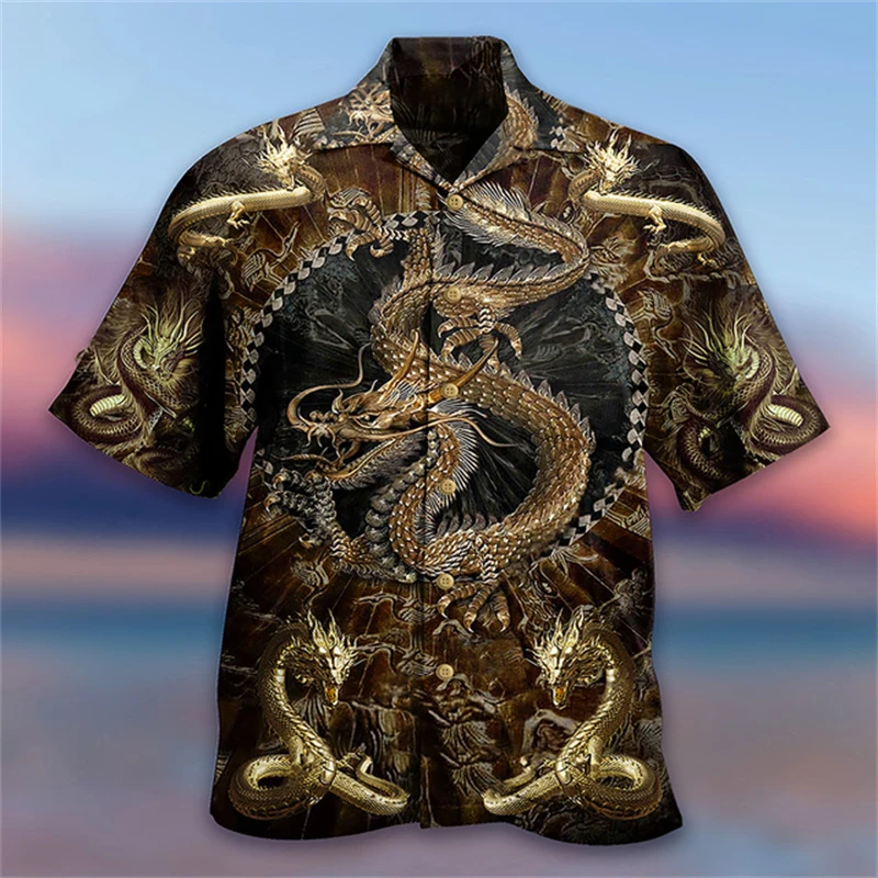 Camisa hawaiana de manga corta para hombre, camisa suelta y transpirable con estampado 3D de dragón Animal, cuello cubano, ropa de verano