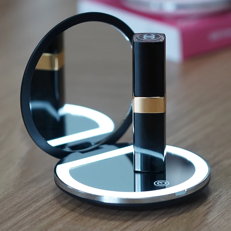 Mini Compact LED Makeup Mirror Portable With Light Handheld Holdable 5x Large Rechargeable Makeup Mirror Beauty Makeup Lamp