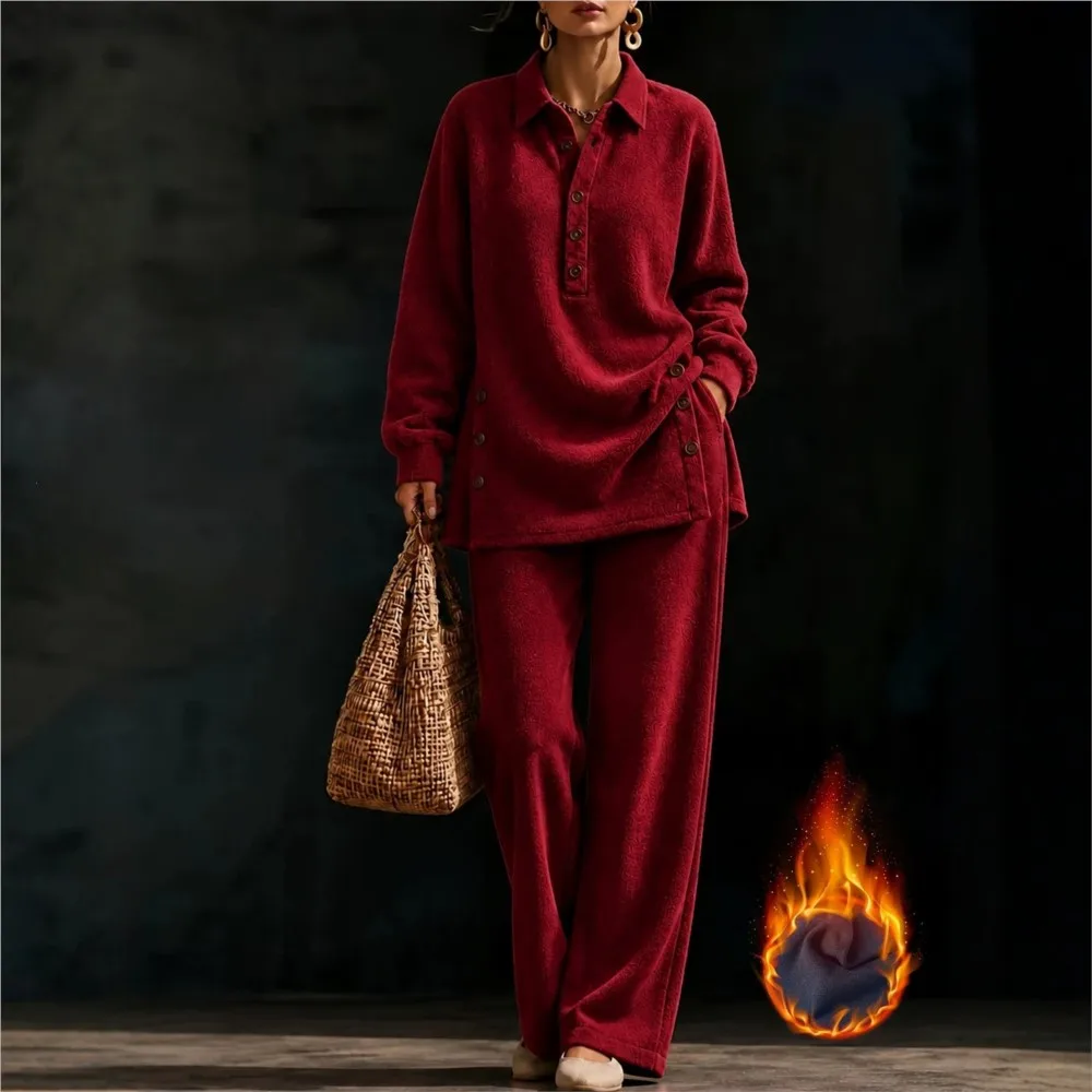 Women's Thick Warm Fleece 2 Piece Outfit Lapel Long Sleeve Side Buttons Blouse High Waist Wide Leg Pants Casual Home Track Suit view 4
