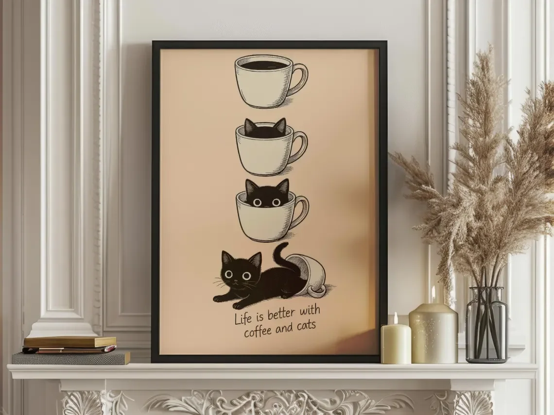 Life Is Better with Coffee and Cats Wall Print Decor - Whimsical Cat Art for Coffee Bar Accent, Kitchen Wall Decor, or Cozy Sta view 6