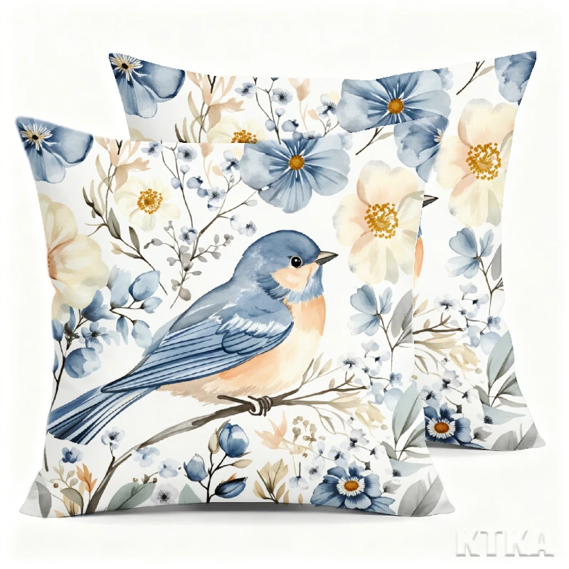 2Pcs, Watercolor Blue Bird Floral Pillow Cover, Single-Sided, Zipper Closure, Washable Polyester - Perfect for Sofa, Living Room, Bedroom Decor, Decorative Pillows.