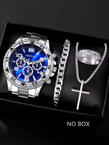 Silver Business Scale Men's Alloy Quartz Watch and Silver White Chain Necklace, Bracelet, Ring Set - Birthday Gift