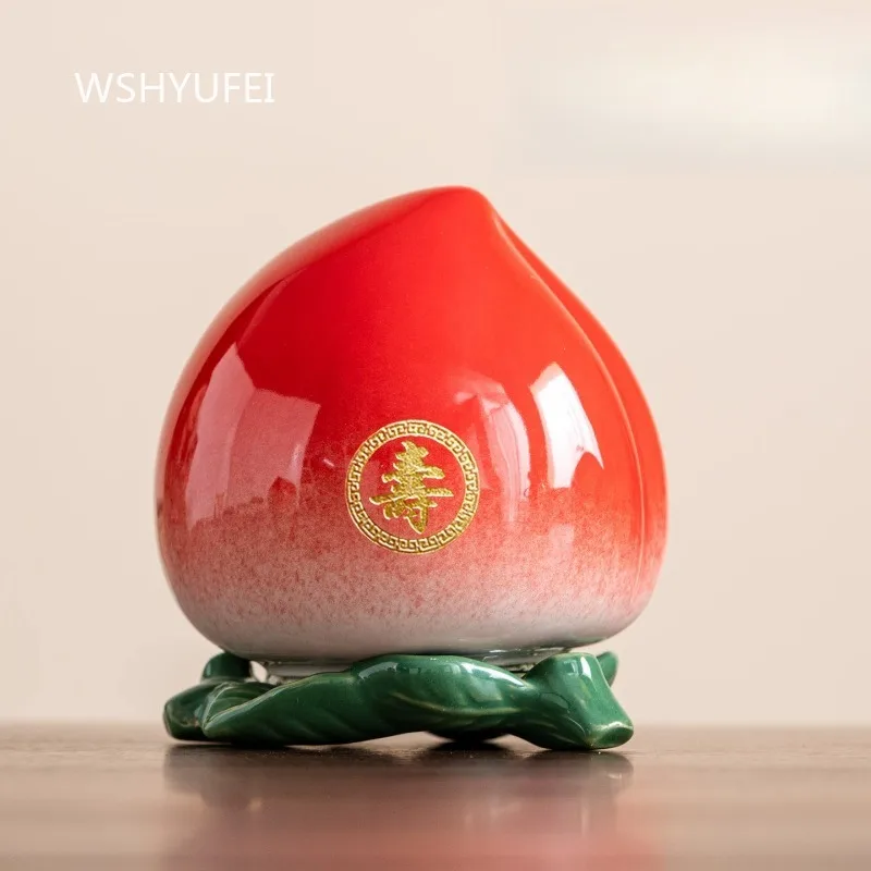 Shoutao Ornament Ceramic Peach Jar Household Ornament Chinese Style Birthday Craft Gifts Sealed Storage Tank Storage Jar