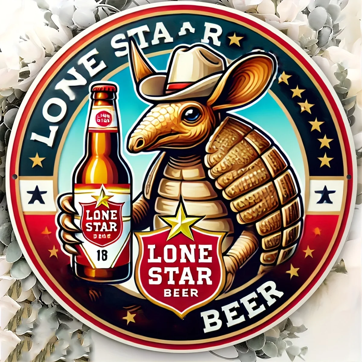 1 letrero metálico de cerveza Lone Star Armadillo, arte de pared redondo vintage de aluminio de 8x8 pulgadas para decoración de oficina, bar o cafetería.