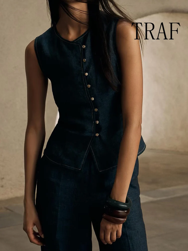 

TRAF European and American style summer new women's clothing temperament double-breasted round-neck sleeveless vest