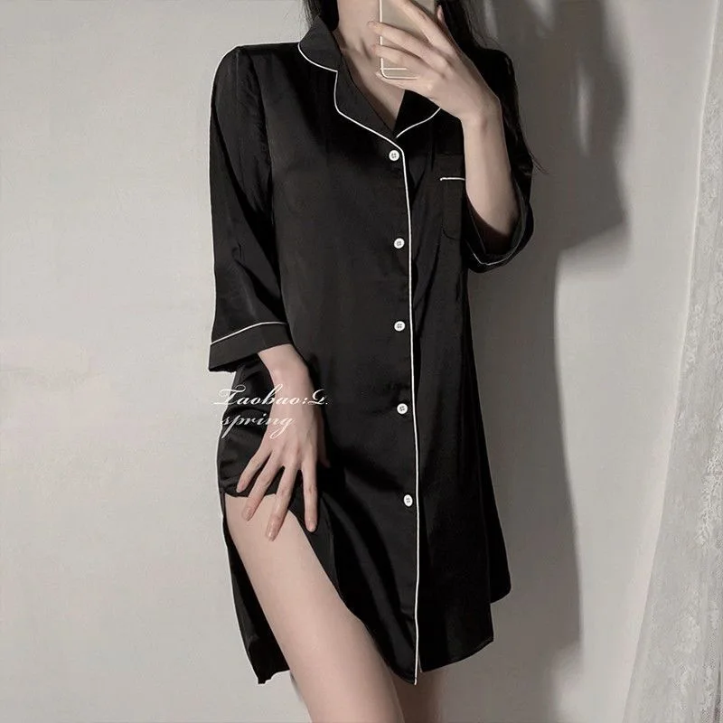 Sommer-Hemdkleid für Damen, einfaches, lockeres Nachthemd, Mädchen-Pyjama aus Eisseide mit mittellangen Ärmeln, Heimkleidung, Sommerkleidung für Damen