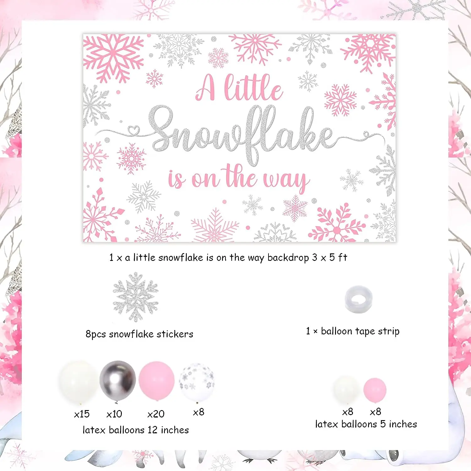 Winter Baby Shower Decorations for Girl A Little Snowflake Is on The Way Backdrop Pink Silver Balloon Arch for Girl Baby Shower