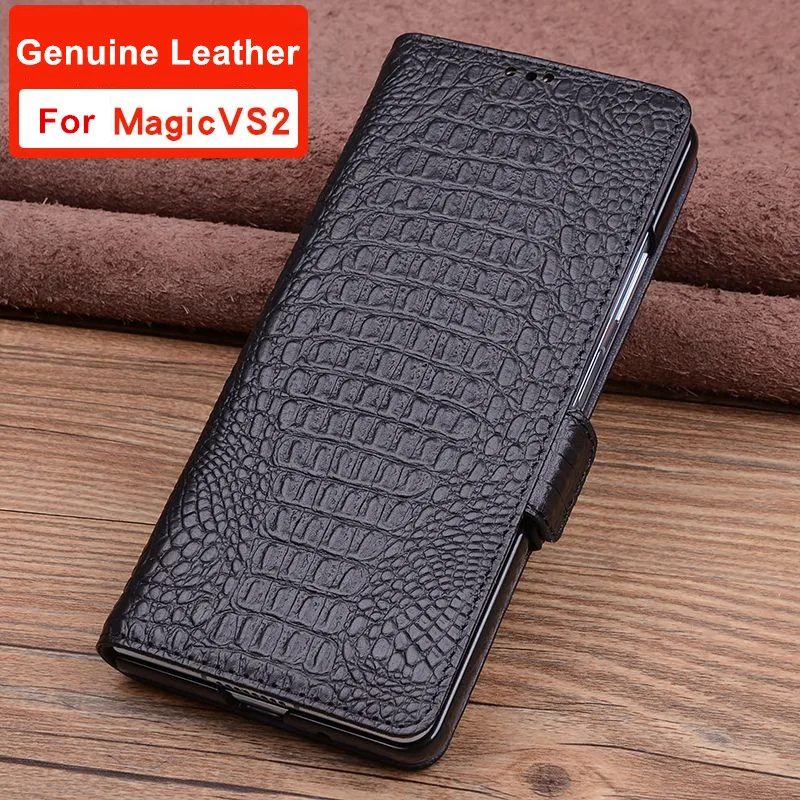 Genuine Cowhide Leather Flip Case For Honor Magic VS2 V2 RSR  Crocodile Alligator Grids Litchi Grain Magnetic Buckle Fold Cover