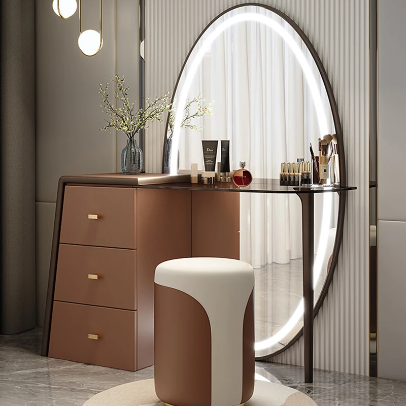 Drawers Essentials Dressing Table Stool Texture Mirror Light Dressing Table Storage Wood Penteadeiras De Maquiagem Furniture