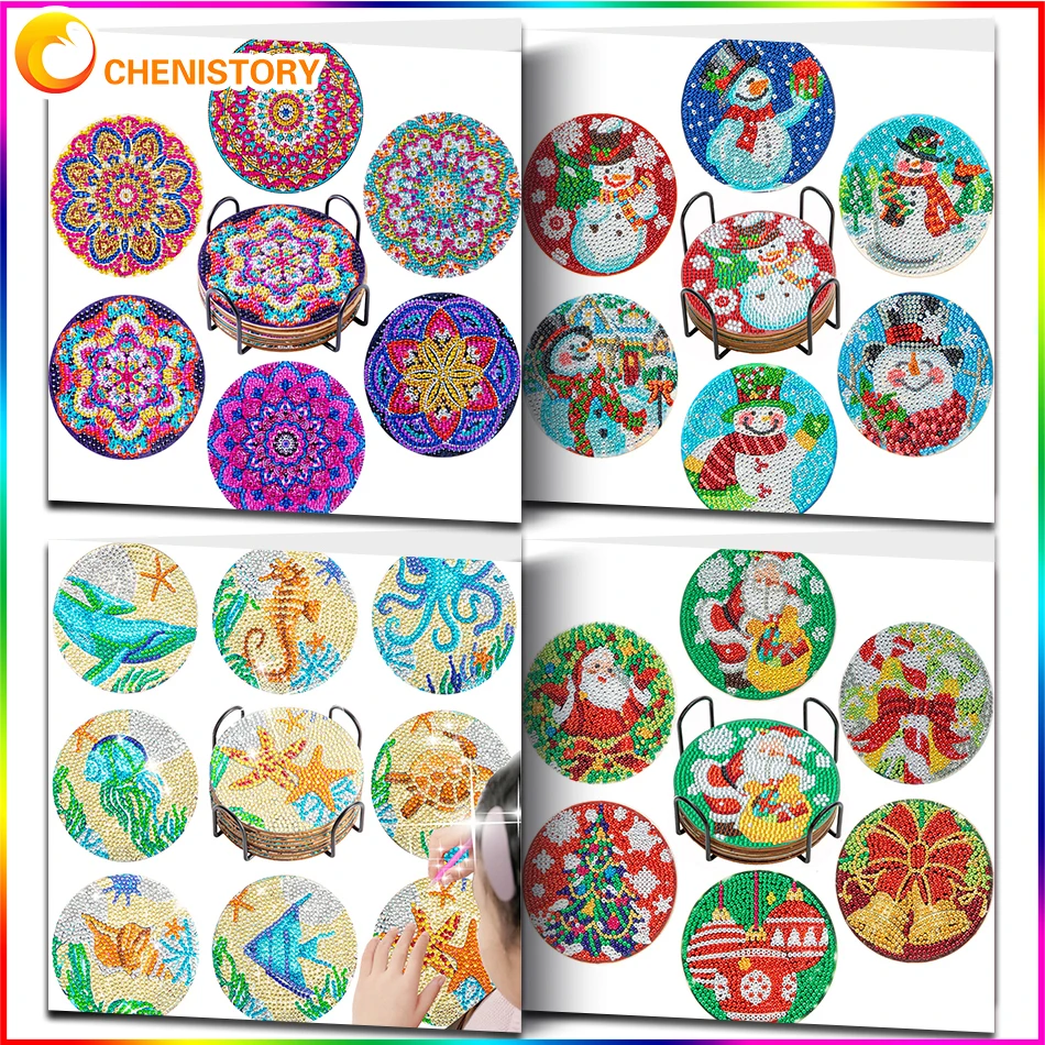 

CHENISTORY 6Pcs/Set Abstract Datura Flowers Christmas Printed Mats Vintage Diamond Painting Insulated Coasters Diy Crafts Gift