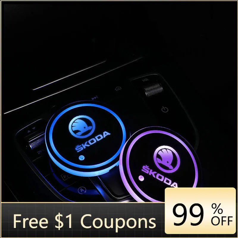 

Car Sticker Car LED Cup Holder Light Mats Coasters Atmosphere Light Pads For Skoda octavia 3 2 superb 3 kodiaq Fabia Kamiq Karoq