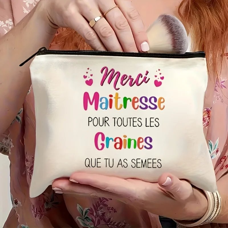 A Makeup Bag for A French Teacher - A Bilingual Thank-You Gift Featuring French Phrases, Cute Icons, and Heart Patterns