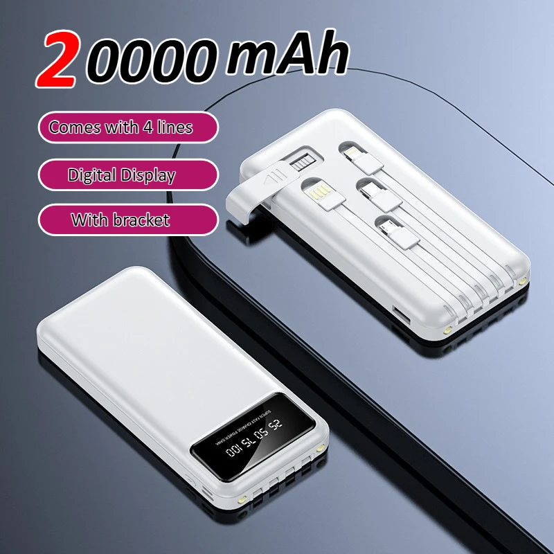 

Быстрая зарядка Power Bank 20000 мАч Встроенный 4 кабеля с цифровым дисплеем для Xiaomi IPhone Huawei Samsung Портативное зарядное устройство