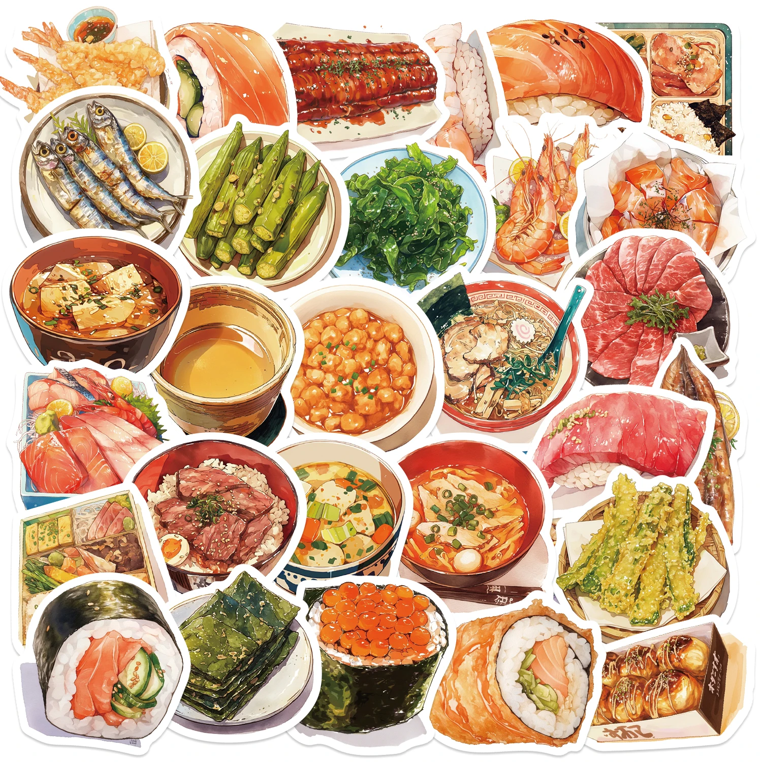 30pcs Cute Cartoon Japanese Snack Stickers Anime Seafood DIY Toy Gift Waterproof Decal for Laptops Phones Bottles Decorative