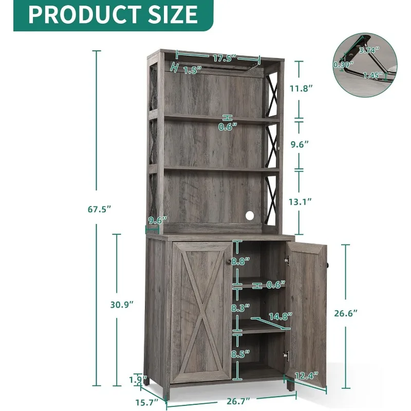 Armoire de cuisine de salle à manger avec vin T1, étagères de rangement ouvertes, portes en bois pour salon, couloir, lavage gris rustique