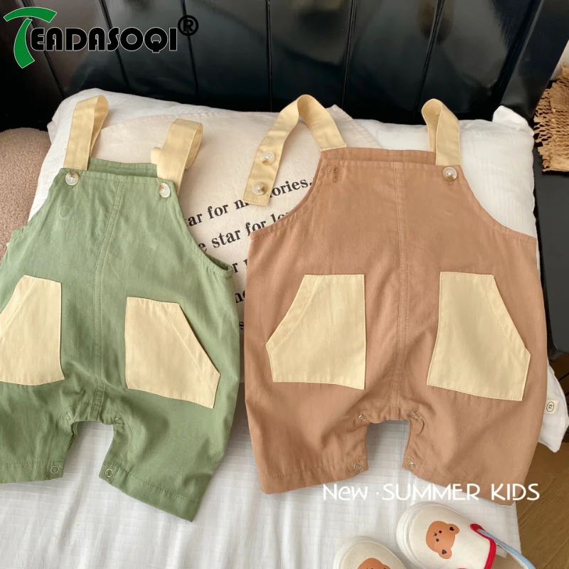 

Newborn Infant 0-3Y Toddler Kids Baby Boys Girls Suspender Trousers Patchwork Color Blocking Cotton Pockets Overalls Rompers