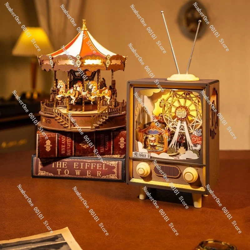 Sunset Amusement Park Music Box DIY Wooden Puzzle Building Block Model Kit Handmade Birthday Gift