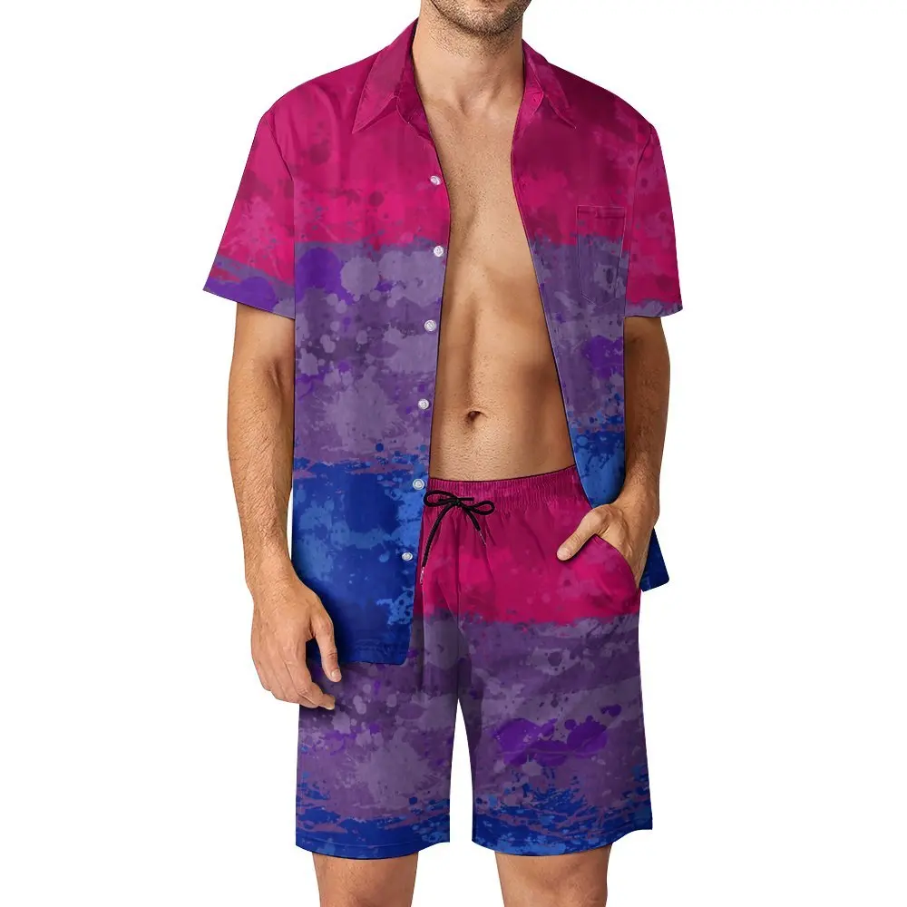 Bissexual Pintura Splatter Bandeira Praia Suit dos homens, qualidade superior, 2 peças, coordenadas, qualidade superior