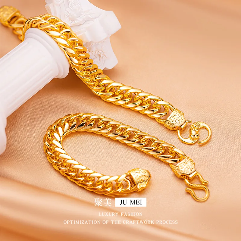 

12mm15mm Pixiu buckle horse whip bracelet mens 24K gold, AU999 "Pixiu swallows gold" hardcore aura