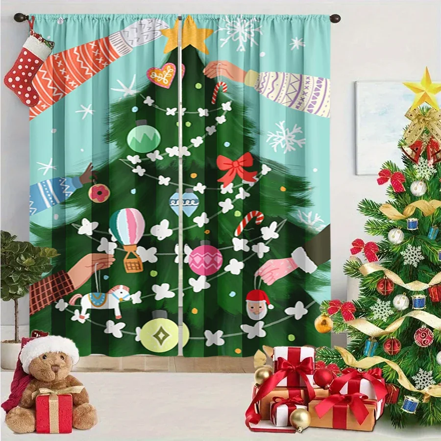 2PCS Christmas Winter Curtains, Cartoon Decor Tree Hand Ornament Horse Balloon, Digital Print, Bedroom Living Room, Home Decor