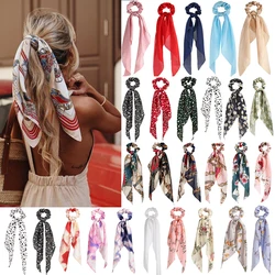 Bohemian Fashion Flower Printed Satin Elastic Long Ribbon Hair Bands Ponytail Scarf Hair Tie Women Scrunchies Hair Accessories