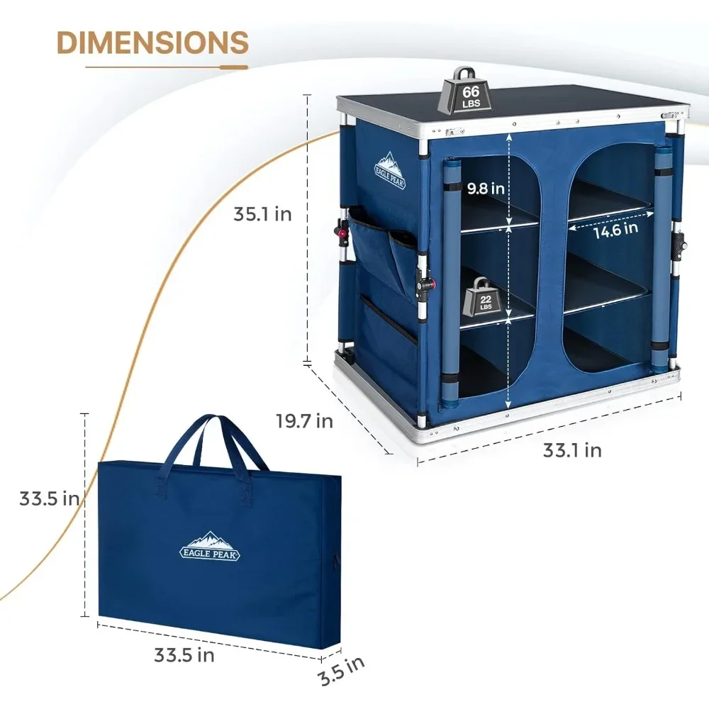 طاولة تخييم مزدوجة قابلة للطي للاستخدام الخارجي قابلة للتخصيص مع منظم تخزين كبير من 3 طبقات وجيوب جانبية، محمولة سهلة الإعداد