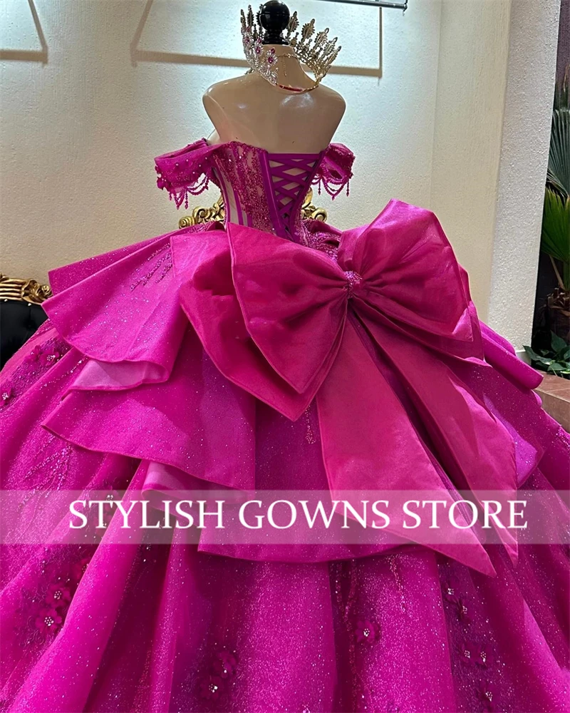 Mexico Fuchsia Off The Shoulder Tassel Quinceanera Dress Ball Gown Beaded Appliques Princess Dresses Bow Tiered Customized