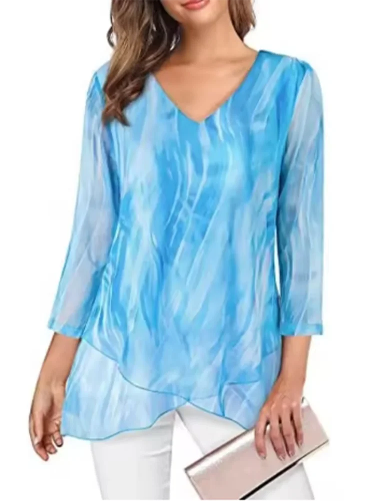 V-hals bedrukt geplooid casual dames-T-shirt met lange mouwen Straat Veelzijdig Elegant woon-werkstijl Lentetop