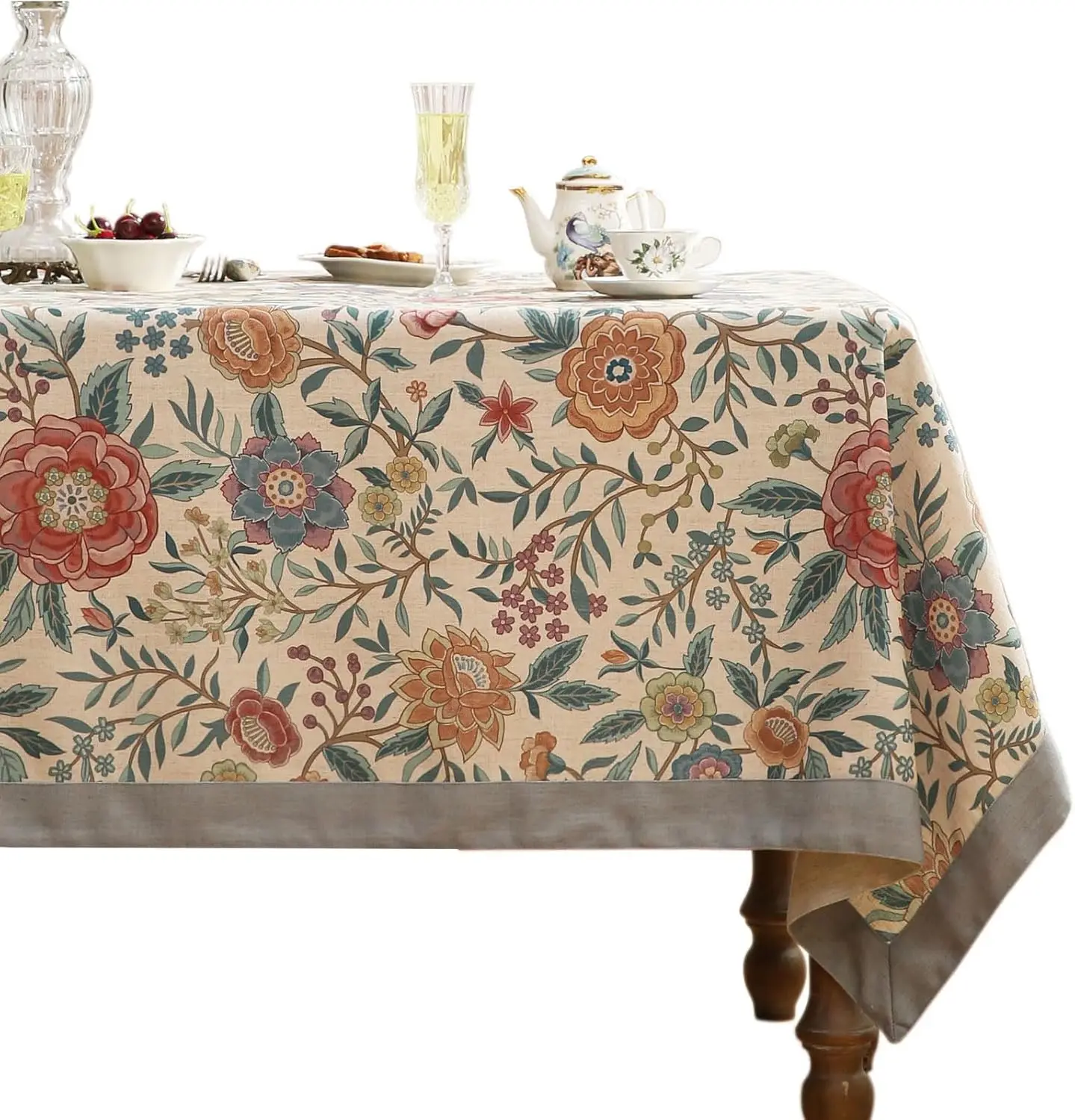 

Designer Linen Rectangle Tablecloth,Vintage William Morris Floral Table Cloth With Colorful Pattern,Decor Table Cover For