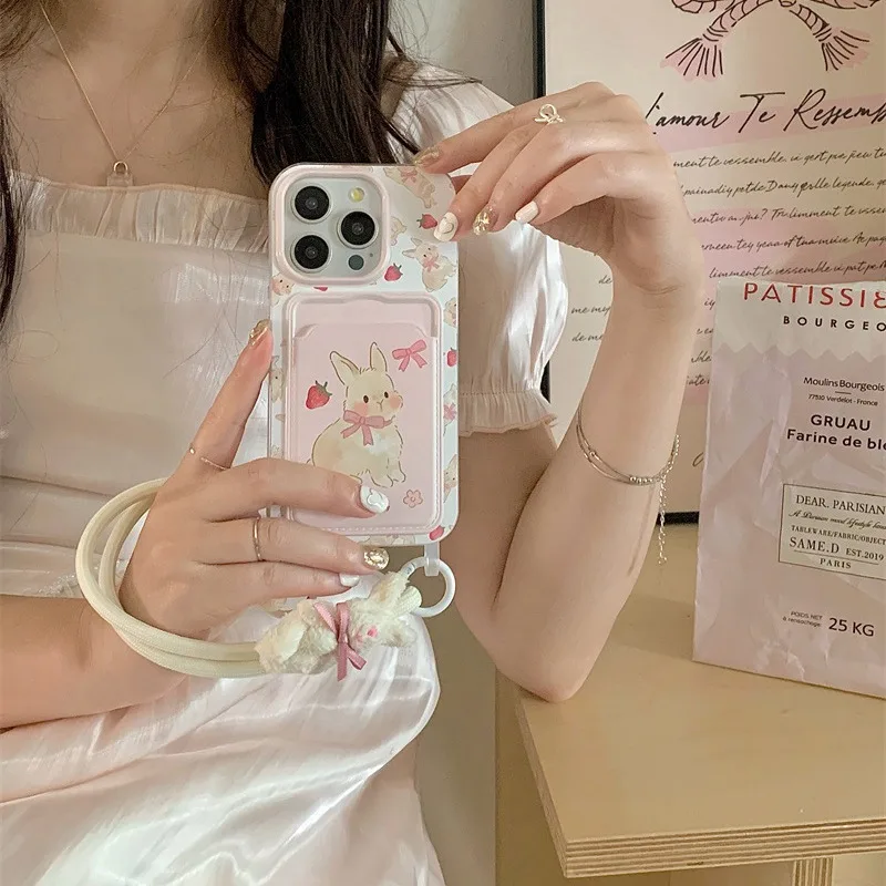Pop Cute Strawberry Rabbit Card Bag Hanging Rope Phone Case For IPhone 15 14 Plus X XS XR 11 12 13 Pro Max Silicone Cases Cover