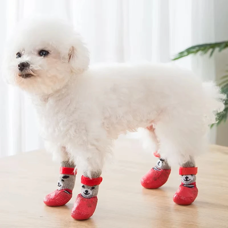 Pet Socks for Small Dog Cat, Non-Slip Dog Socks with Adjustable Paw Protection Winter Knitting Warm Sock (Blue Red Black)