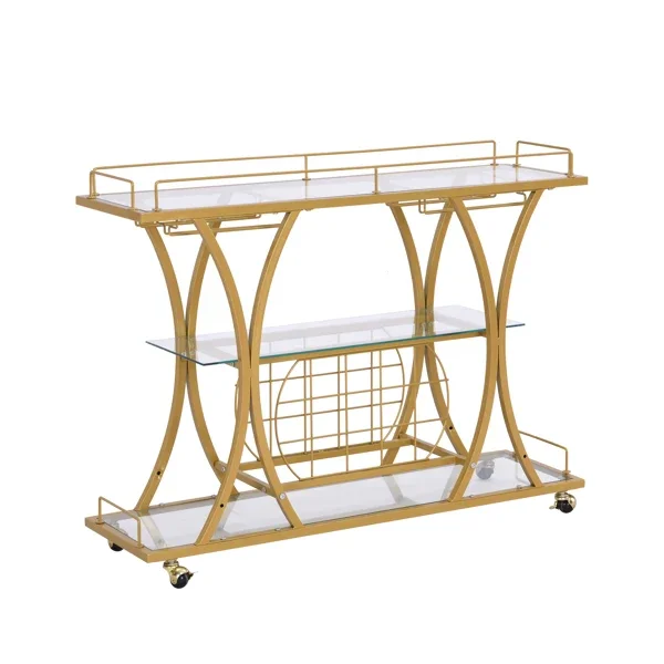 Gold Bar Trolley With Glass Shelves And Wine Rack, 3 Tier Home Dining Truck  Shelves