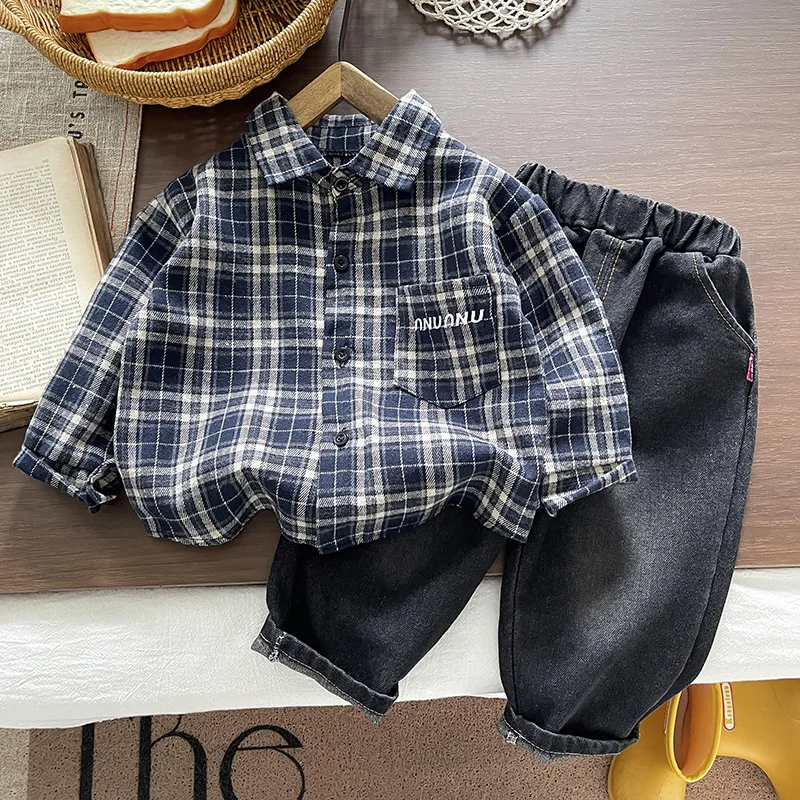 Kids Boys Vintage Blue White Plaid Shirt + Loose Denim Pants 2 Piece Set Spring Autumn Casual Children Clothing