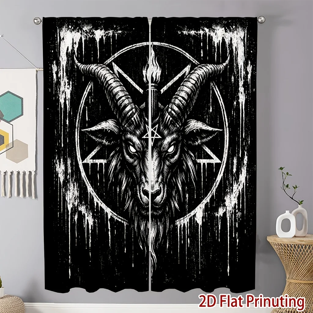 Dark Occult Curtain Panels, Horned Goat Head Dripping Paint Mystic Graphic Gothic Art Pattern Drapes for Living Room Home Decor